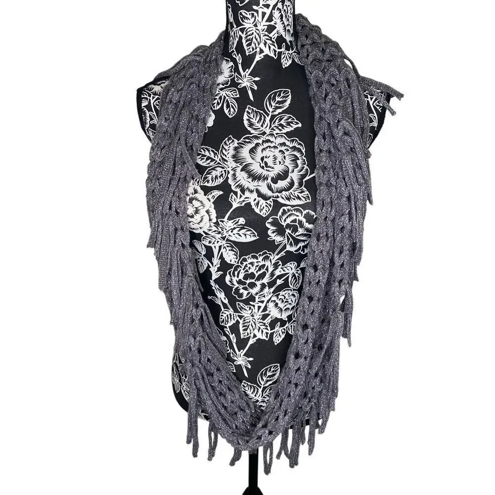 Black Rivet Gray Metallic Knit Fringe Infinity Scarf Boho Open Weave Wrap Winter